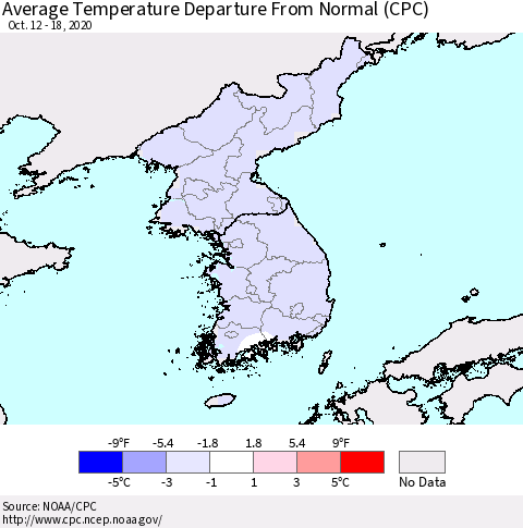 Korea Average Temperature Departure from Normal (CPC) Thematic Map For 10/12/2020 - 10/18/2020