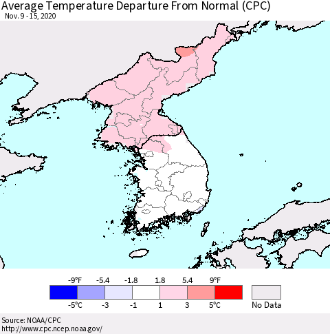 Korea Average Temperature Departure from Normal (CPC) Thematic Map For 11/9/2020 - 11/15/2020