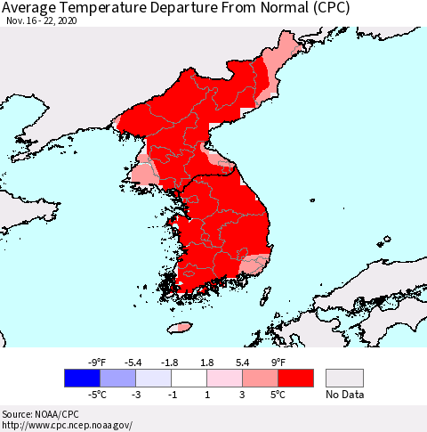 Korea Average Temperature Departure from Normal (CPC) Thematic Map For 11/16/2020 - 11/22/2020