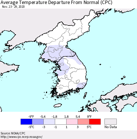 Korea Average Temperature Departure from Normal (CPC) Thematic Map For 11/23/2020 - 11/29/2020