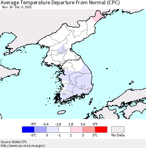 Korea Average Temperature Departure from Normal (CPC) Thematic Map For 11/30/2020 - 12/6/2020