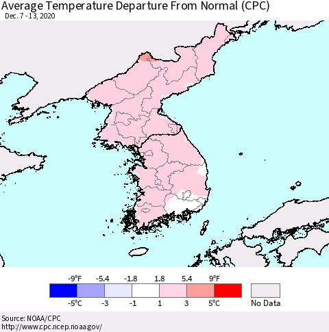 Korea Average Temperature Departure from Normal (CPC) Thematic Map For 12/7/2020 - 12/13/2020