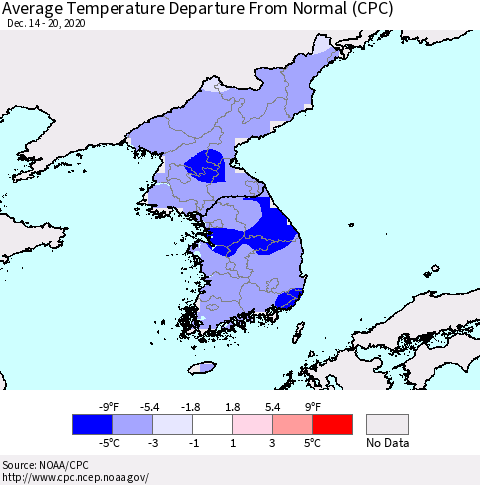 Korea Average Temperature Departure from Normal (CPC) Thematic Map For 12/14/2020 - 12/20/2020