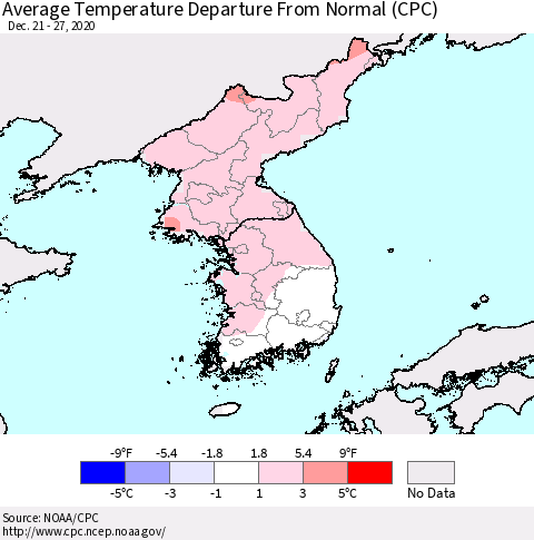 Korea Average Temperature Departure from Normal (CPC) Thematic Map For 12/21/2020 - 12/27/2020
