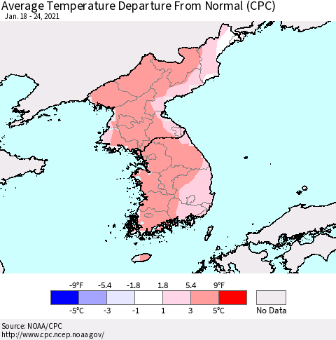 Korea Average Temperature Departure from Normal (CPC) Thematic Map For 1/18/2021 - 1/24/2021