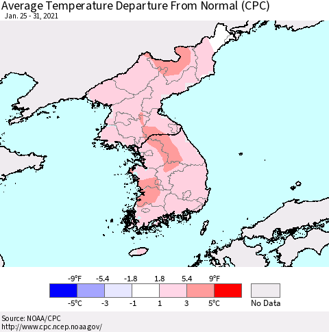 Korea Average Temperature Departure from Normal (CPC) Thematic Map For 1/25/2021 - 1/31/2021
