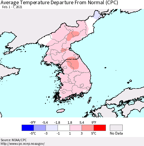 Korea Average Temperature Departure from Normal (CPC) Thematic Map For 2/1/2021 - 2/7/2021