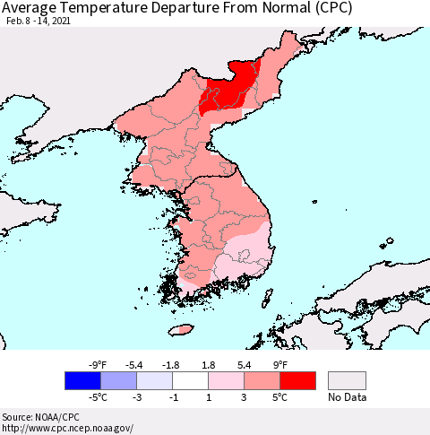 Korea Average Temperature Departure from Normal (CPC) Thematic Map For 2/8/2021 - 2/14/2021