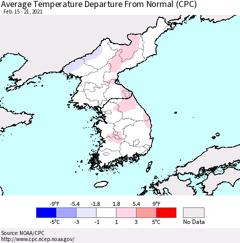 Korea Average Temperature Departure from Normal (CPC) Thematic Map For 2/15/2021 - 2/21/2021