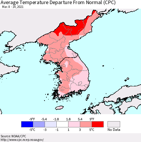 Korea Average Temperature Departure from Normal (CPC) Thematic Map For 3/8/2021 - 3/14/2021