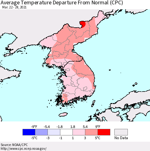 Korea Average Temperature Departure from Normal (CPC) Thematic Map For 3/22/2021 - 3/28/2021