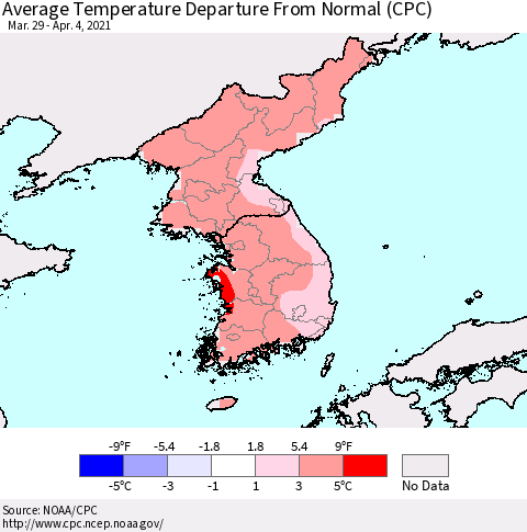Korea Average Temperature Departure from Normal (CPC) Thematic Map For 3/29/2021 - 4/4/2021