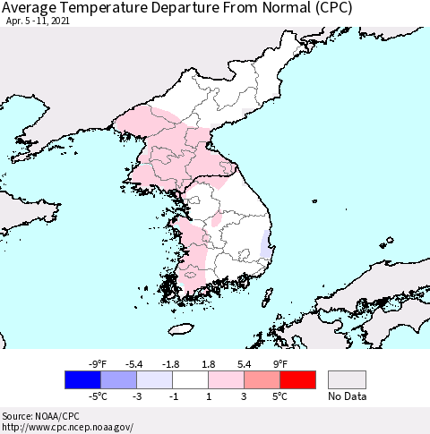 Korea Average Temperature Departure from Normal (CPC) Thematic Map For 4/5/2021 - 4/11/2021
