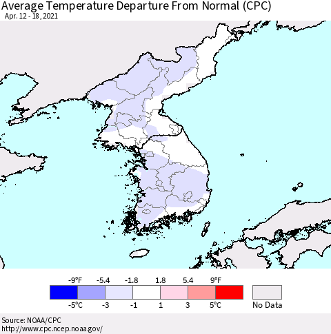 Korea Average Temperature Departure from Normal (CPC) Thematic Map For 4/12/2021 - 4/18/2021
