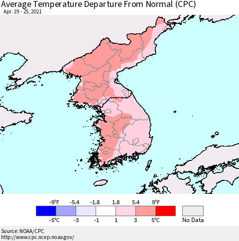 Korea Average Temperature Departure from Normal (CPC) Thematic Map For 4/19/2021 - 4/25/2021
