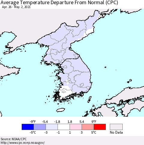Korea Average Temperature Departure from Normal (CPC) Thematic Map For 4/26/2021 - 5/2/2021