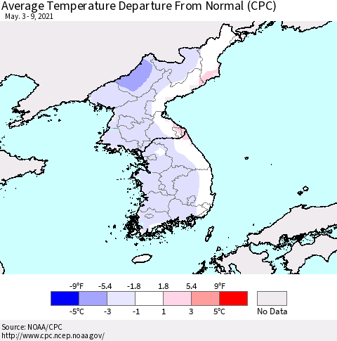 Korea Average Temperature Departure from Normal (CPC) Thematic Map For 5/3/2021 - 5/9/2021