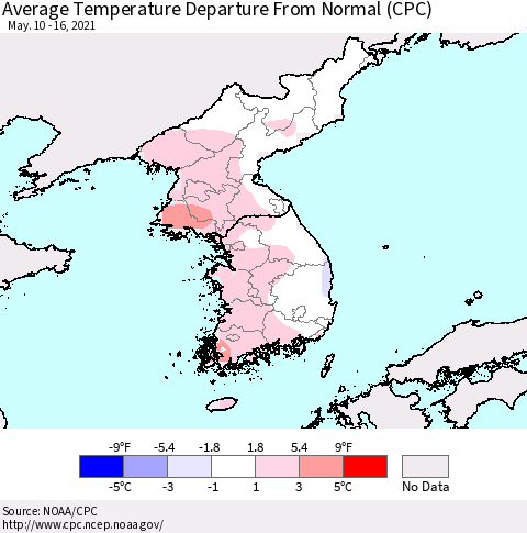 Korea Average Temperature Departure from Normal (CPC) Thematic Map For 5/10/2021 - 5/16/2021