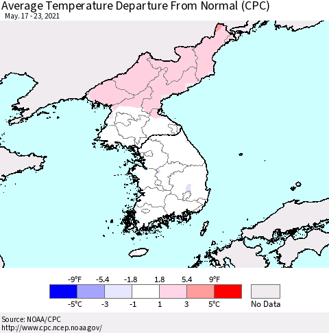 Korea Average Temperature Departure from Normal (CPC) Thematic Map For 5/17/2021 - 5/23/2021