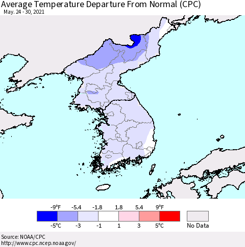 Korea Average Temperature Departure from Normal (CPC) Thematic Map For 5/24/2021 - 5/30/2021