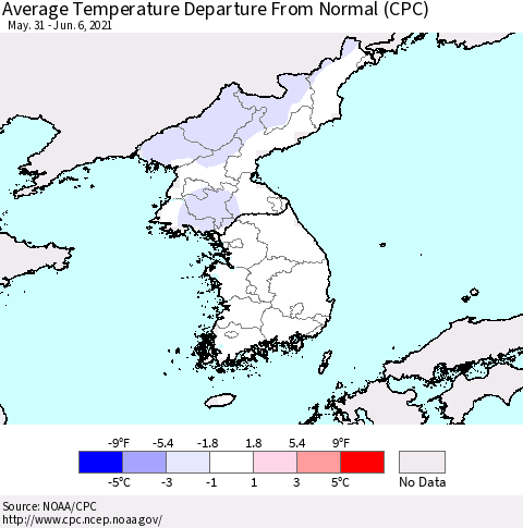 Korea Average Temperature Departure from Normal (CPC) Thematic Map For 5/31/2021 - 6/6/2021