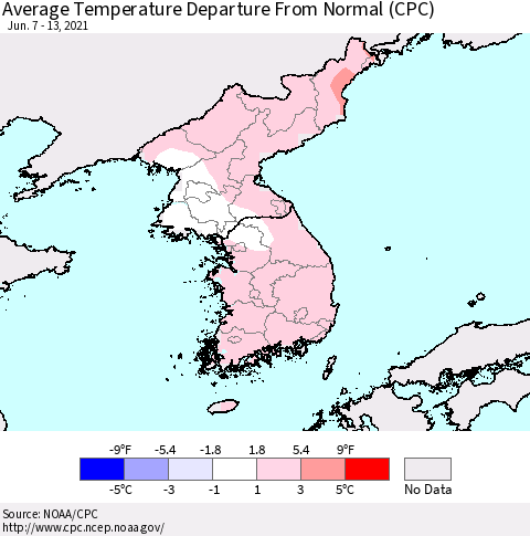 Korea Average Temperature Departure from Normal (CPC) Thematic Map For 6/7/2021 - 6/13/2021