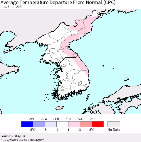 Korea Average Temperature Departure from Normal (CPC) Thematic Map For 7/5/2021 - 7/11/2021