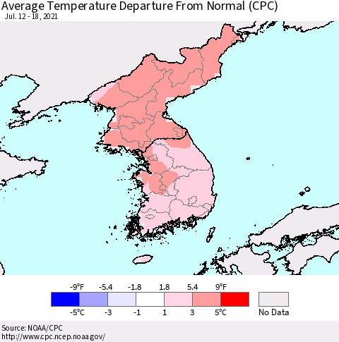 Korea Average Temperature Departure from Normal (CPC) Thematic Map For 7/12/2021 - 7/18/2021