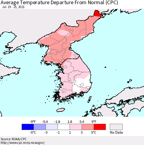 Korea Average Temperature Departure from Normal (CPC) Thematic Map For 7/19/2021 - 7/25/2021