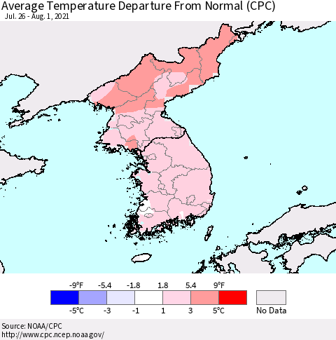 Korea Average Temperature Departure from Normal (CPC) Thematic Map For 7/26/2021 - 8/1/2021