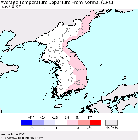 Korea Average Temperature Departure from Normal (CPC) Thematic Map For 8/2/2021 - 8/8/2021