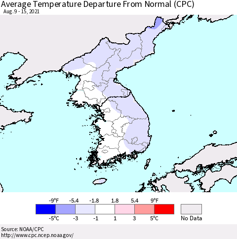 Korea Average Temperature Departure from Normal (CPC) Thematic Map For 8/9/2021 - 8/15/2021