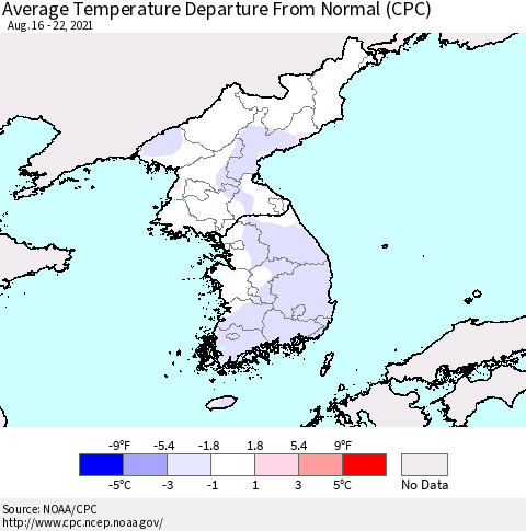 Korea Average Temperature Departure from Normal (CPC) Thematic Map For 8/16/2021 - 8/22/2021