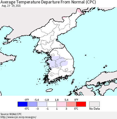 Korea Average Temperature Departure from Normal (CPC) Thematic Map For 8/23/2021 - 8/29/2021