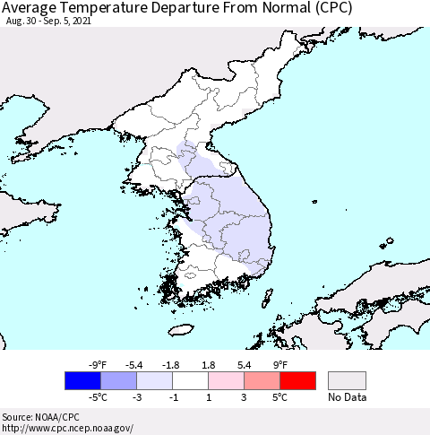 Korea Average Temperature Departure from Normal (CPC) Thematic Map For 8/30/2021 - 9/5/2021