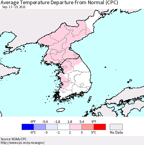 Korea Average Temperature Departure from Normal (CPC) Thematic Map For 9/13/2021 - 9/19/2021