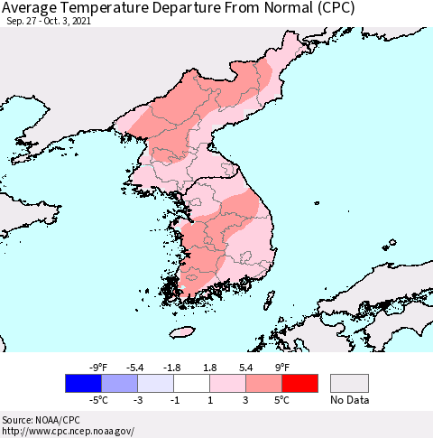Korea Average Temperature Departure from Normal (CPC) Thematic Map For 9/27/2021 - 10/3/2021