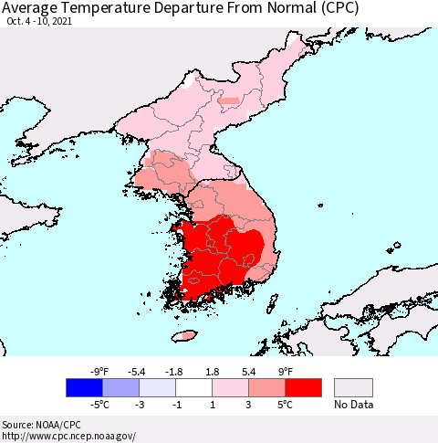 Korea Average Temperature Departure from Normal (CPC) Thematic Map For 10/4/2021 - 10/10/2021