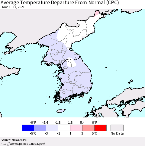 Korea Average Temperature Departure from Normal (CPC) Thematic Map For 11/8/2021 - 11/14/2021