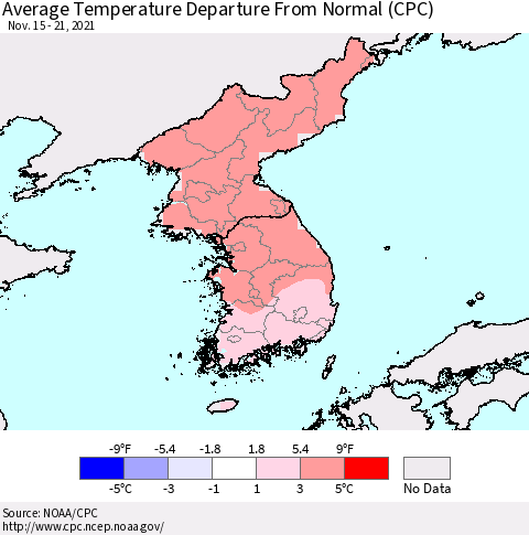 Korea Average Temperature Departure from Normal (CPC) Thematic Map For 11/15/2021 - 11/21/2021