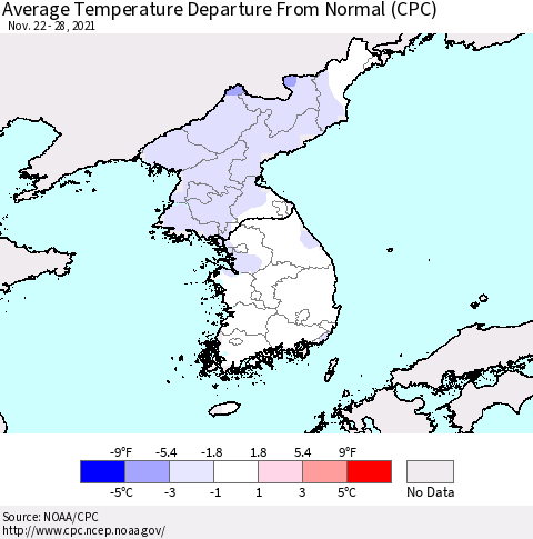 Korea Average Temperature Departure from Normal (CPC) Thematic Map For 11/22/2021 - 11/28/2021