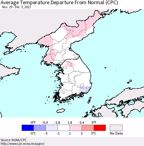 Korea Average Temperature Departure from Normal (CPC) Thematic Map For 11/29/2021 - 12/5/2021