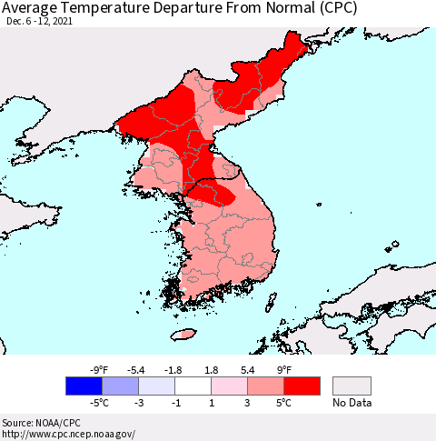 Korea Average Temperature Departure from Normal (CPC) Thematic Map For 12/6/2021 - 12/12/2021