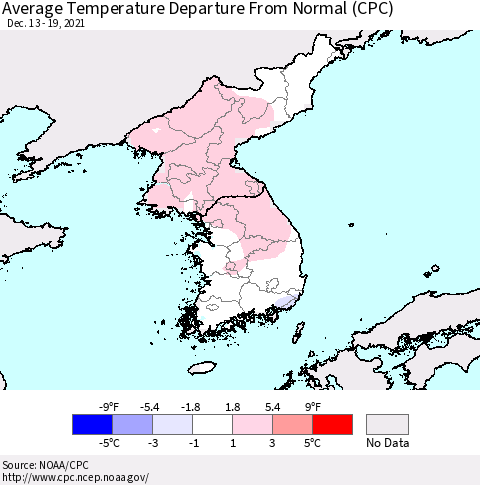 Korea Average Temperature Departure from Normal (CPC) Thematic Map For 12/13/2021 - 12/19/2021
