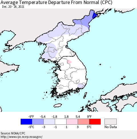 Korea Average Temperature Departure from Normal (CPC) Thematic Map For 12/20/2021 - 12/26/2021