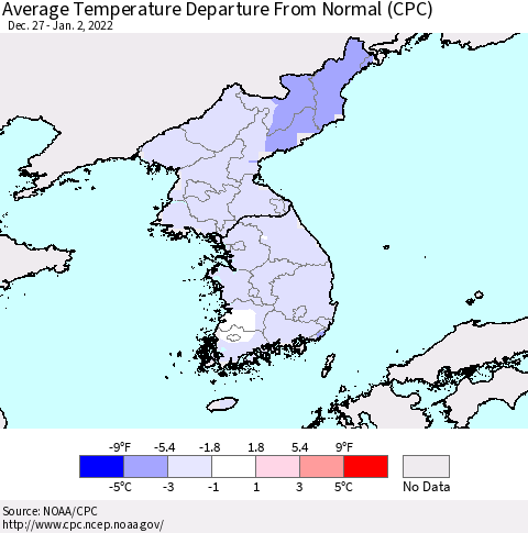 Korea Average Temperature Departure from Normal (CPC) Thematic Map For 12/27/2021 - 1/2/2022