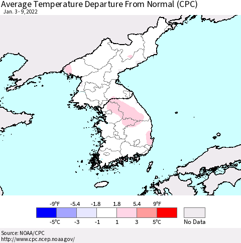 Korea Average Temperature Departure from Normal (CPC) Thematic Map For 1/3/2022 - 1/9/2022