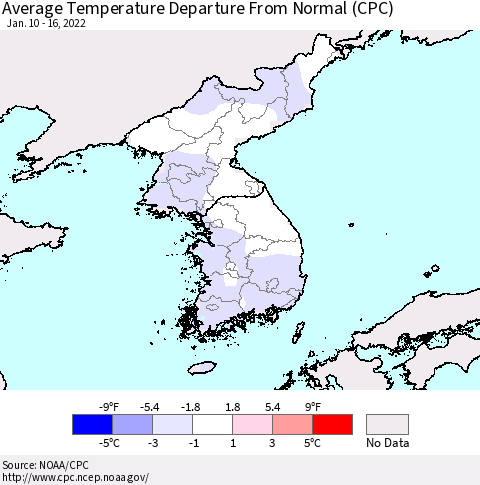 Korea Average Temperature Departure from Normal (CPC) Thematic Map For 1/10/2022 - 1/16/2022