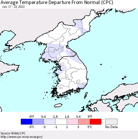 Korea Average Temperature Departure from Normal (CPC) Thematic Map For 1/17/2022 - 1/23/2022