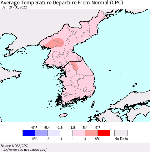 Korea Average Temperature Departure from Normal (CPC) Thematic Map For 1/24/2022 - 1/30/2022